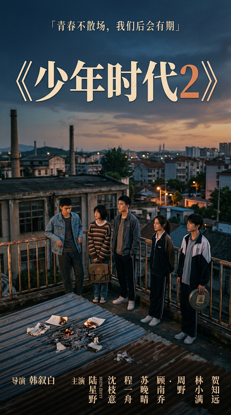 《少年时代2》剧照：五个少年坐在厂房屋顶背对镜头